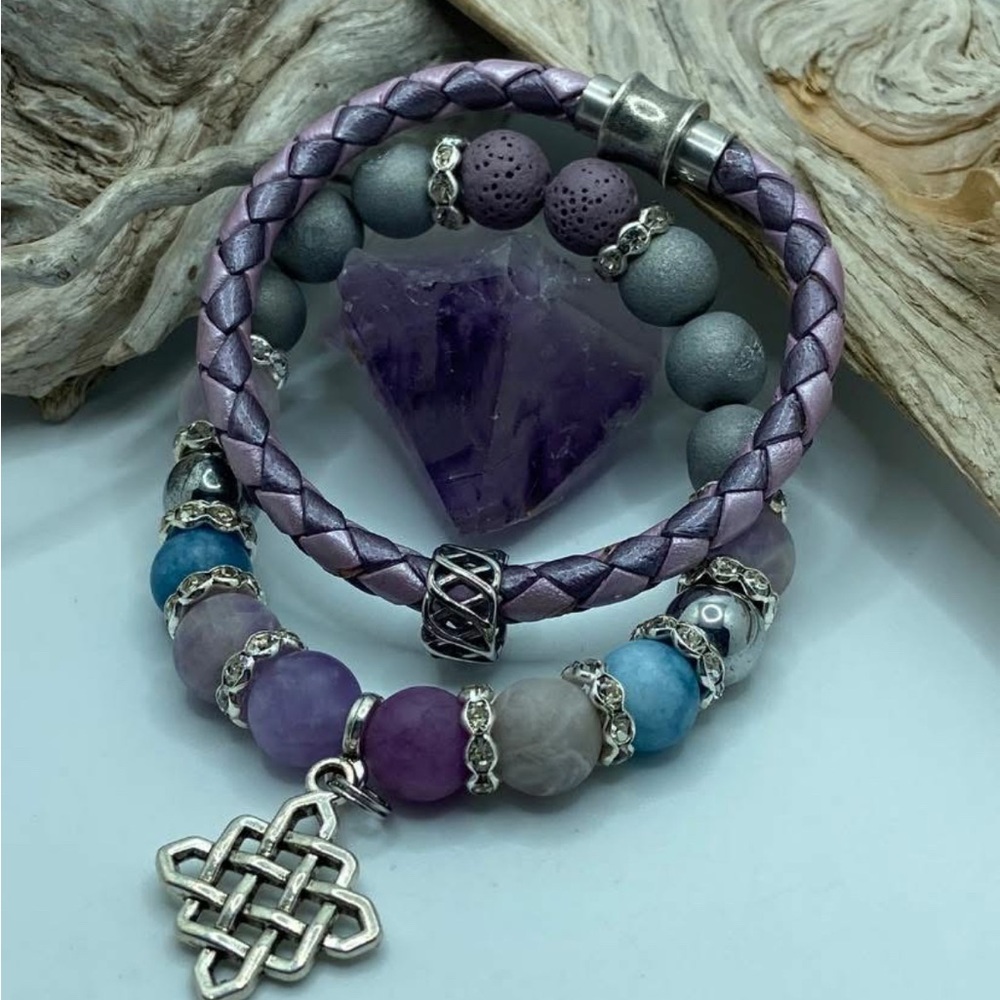 Purple and Silver Semiprecious Stone & Leather Bracelet Set